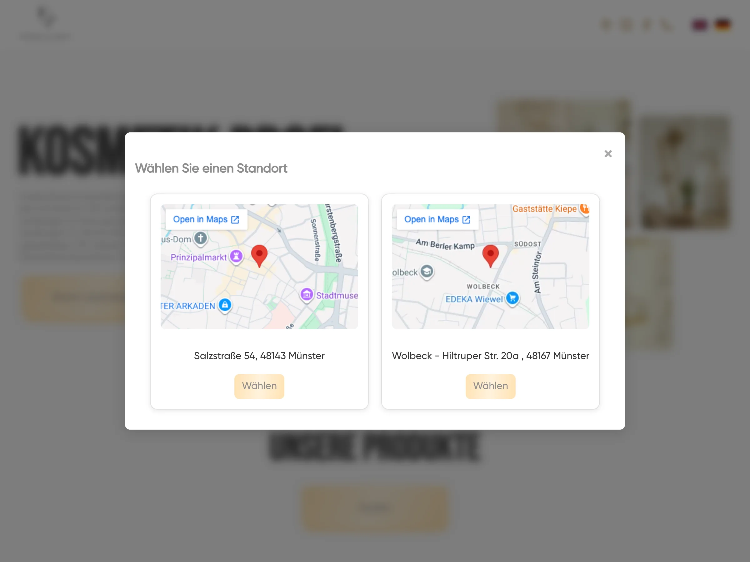 Booking dialog asking the visitor to choose one of two Münster locations, each with a map