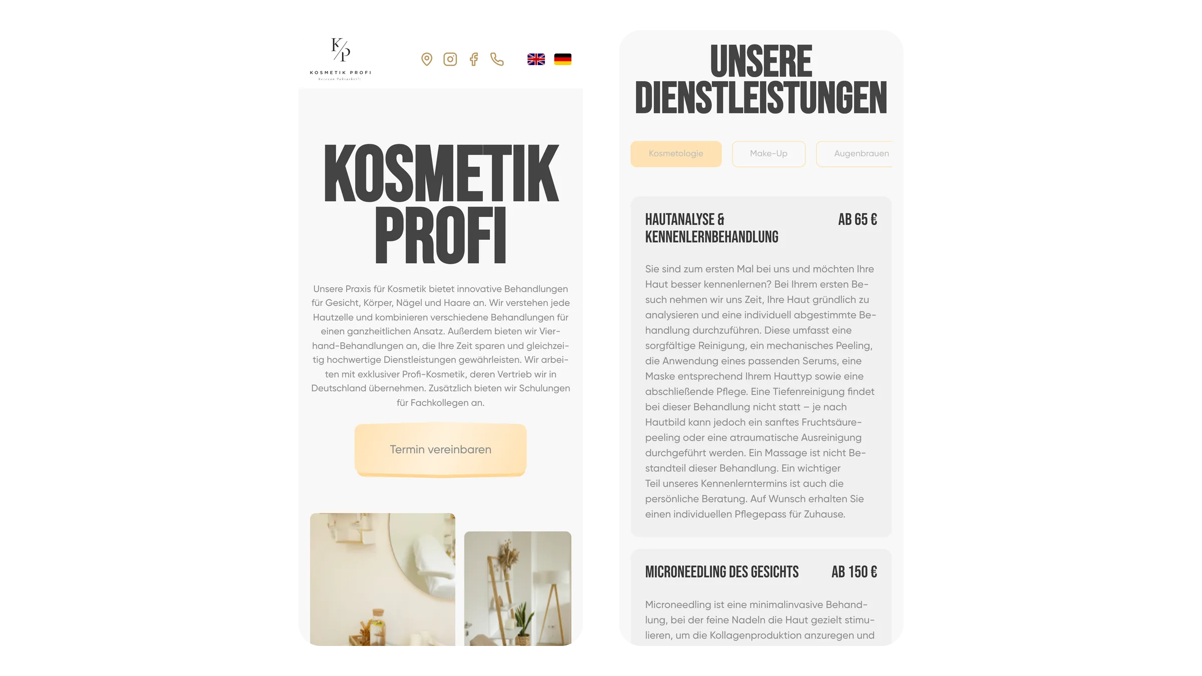 The homepage and the services list on a phone