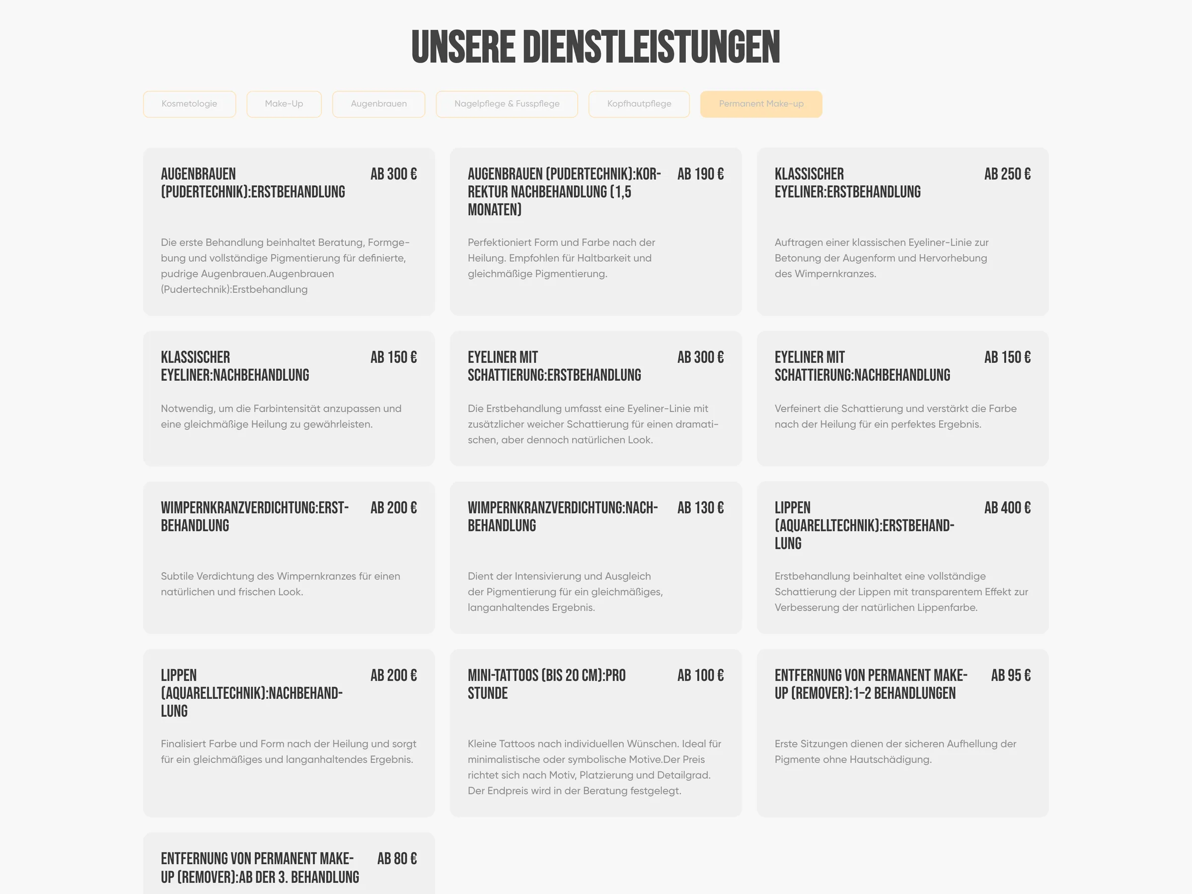 The Permanent Make-up category selected, listing treatments and their prices